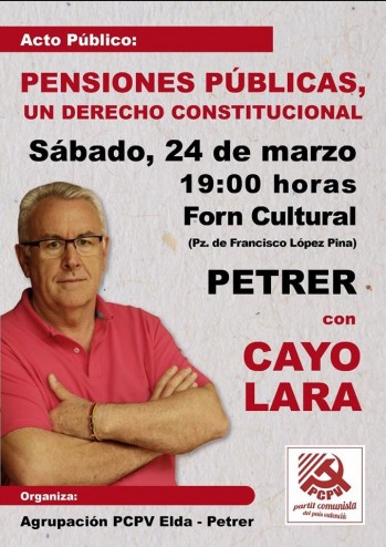 Cayo Lara defenderá las pensiones públicas este sábado en Petrer