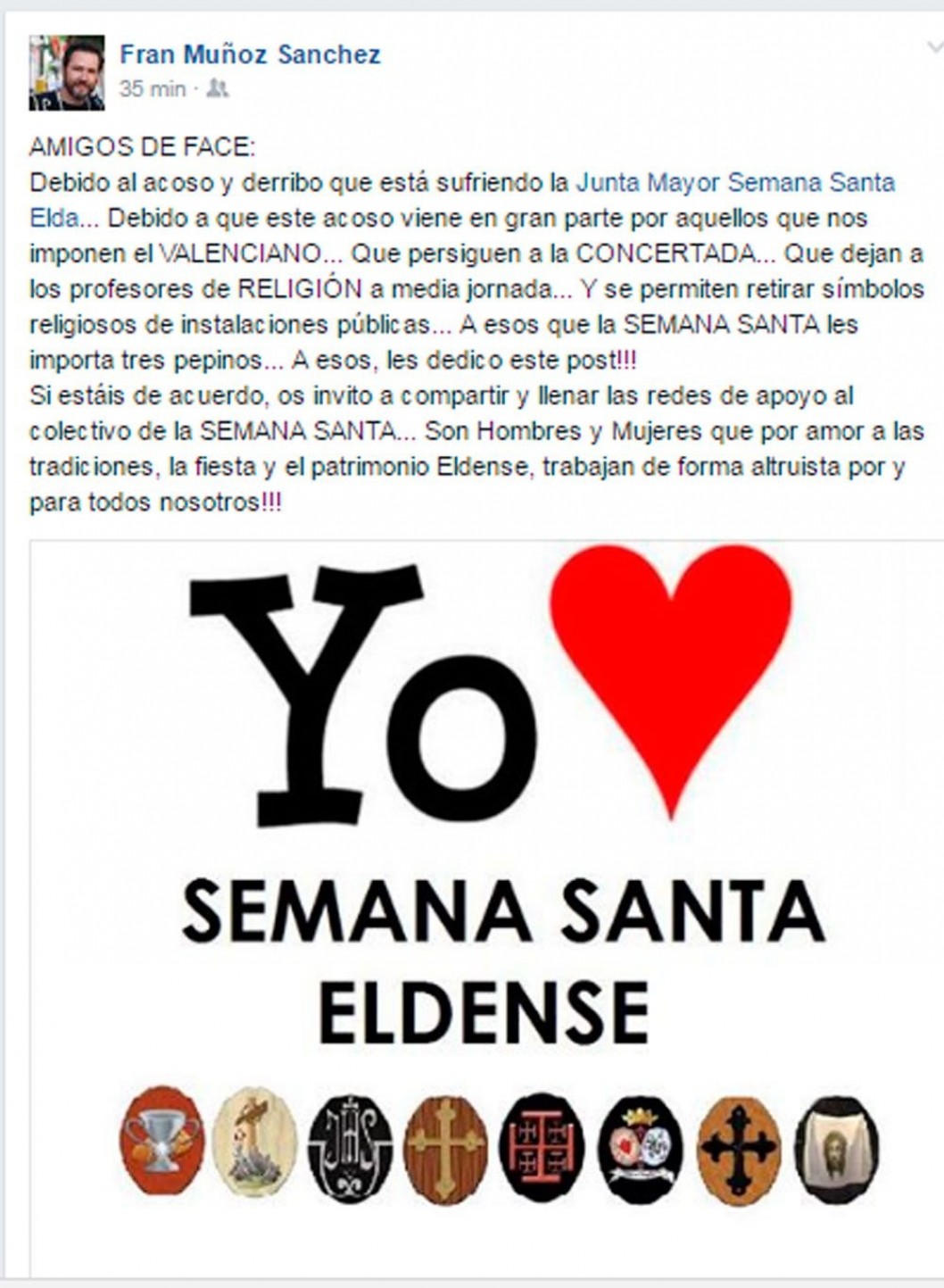 Fran Muñoz inicia una campaña en redes sociales a favor de la Semana Santa eldense Fran Muñoz inicia una campaña en redes sociales a favor de la Semana Santa eldense